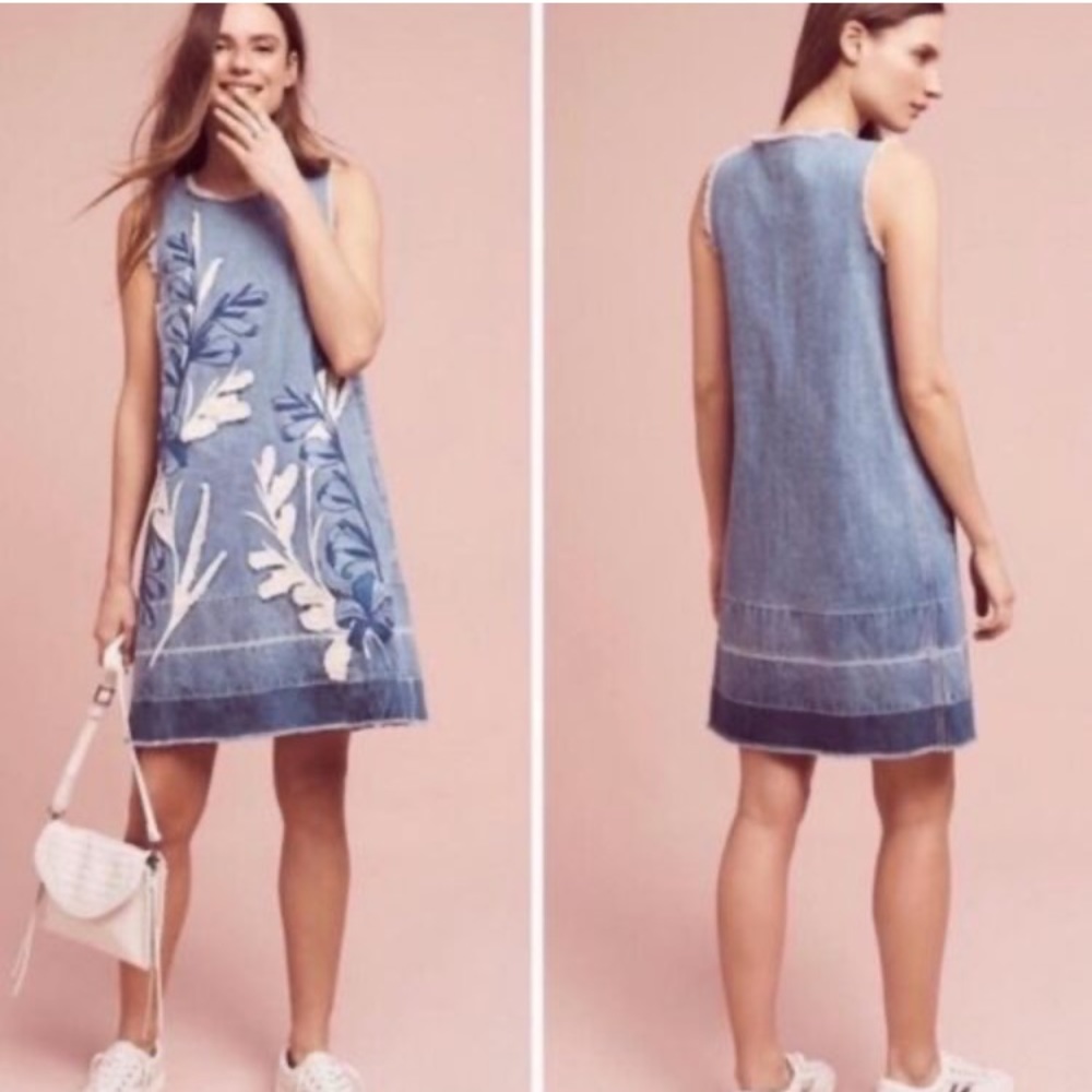Holding Horses Anthropologie Denim Appliqué Shift Dress | Blue Dress